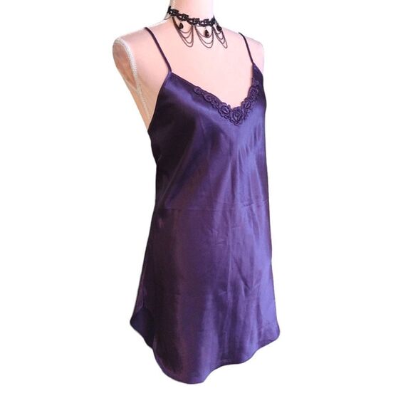 Vintage 80s Purple Satin Floral Applique Chemise Mini Slip Dress Medium - Picture 4 of 16